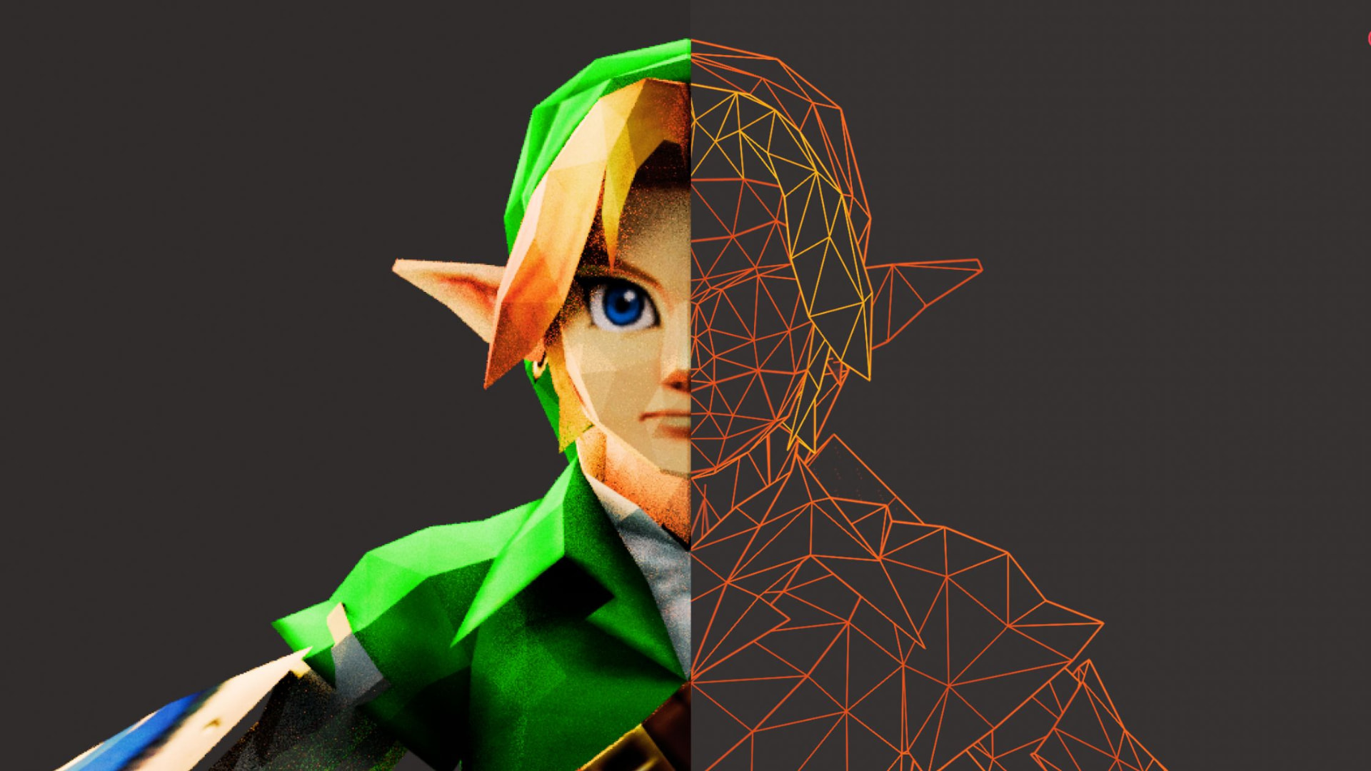 Personnage de jeu vidéo 3D, moitié texturée et moitié en wireframe orange