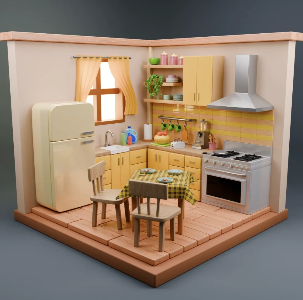 Chasse à réaliser : cuisine isométrique en 3D
